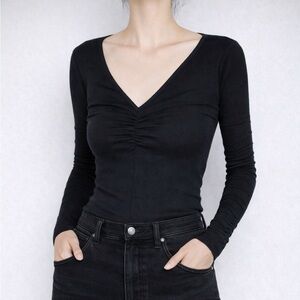 Veronica Beard Soft Ribbed Ruched V Neck Double Layered Stretch Top XS